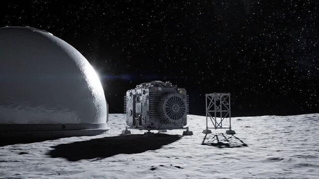 Lunar landscape with futuristic habitat and lunar module under starry sky, showcasing surface details