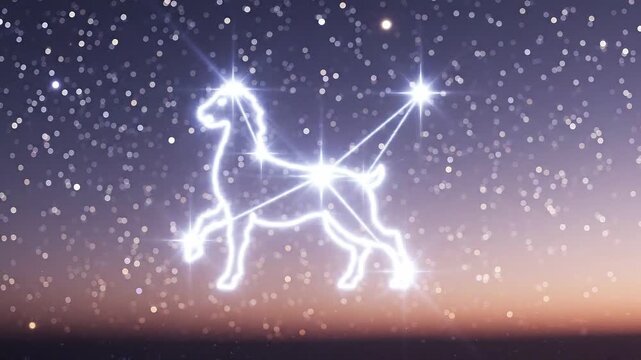Starry night sky with constellation of a dog, visible stars and gradient horizon colors