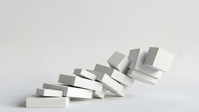 Digital art of white cubes in a precarious, cascading arrangement on a plain background