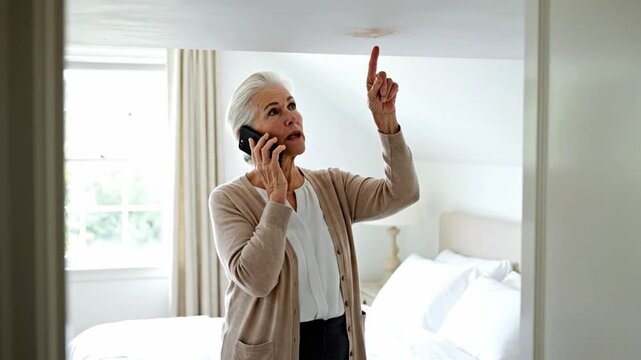 Senior woman on phone points at ceiling stain in bright bedroom, concerned expression visible