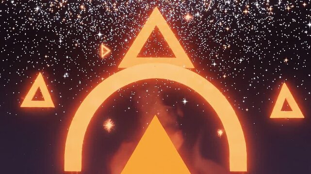 Vibrant geometric shapes with flames and stars create dynamic visual display in dark background