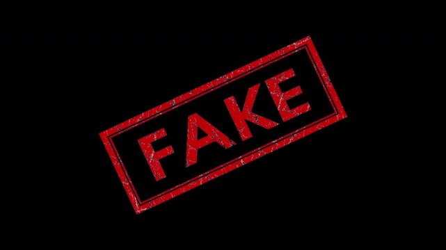 Red grunge fake rubber stamp impression on black background, conceptual symbol for misinformation and fraud