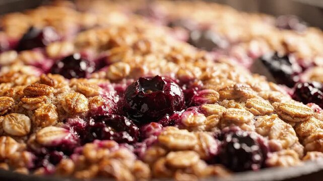 Fresh baked blueberry crumble with oats in a skillet provides a rustic dessert for healthy eating habits.