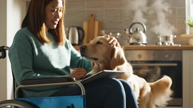 Woman in wheelchair uses tablet with golden retriever in kitchen. Disabled woman pets dog while using tablet. Woman with wheelchair and dog work together. Kitchen tablet use with service dog.