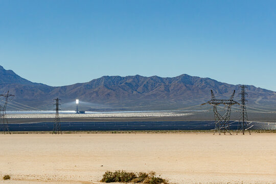 Solar Thermal Power Plant in Desert Mountain Landscape, Ivanpah Solar Electric Generating System in Mojave Desert