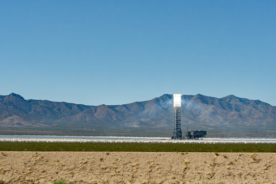 Concentrated Solar Power Tower in Desert Landscape, Ivanpah Solar Power Tower in Mojave Desert