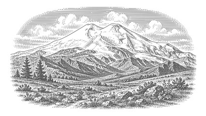 Obraz premium Vintage engraving of Mount Elbrus, a majestic snow-capped peak in the Caucasus Mountains. 