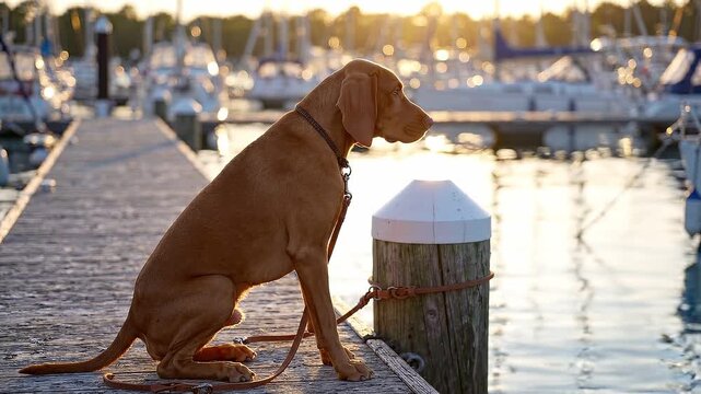 An adult brown Vizsla dog waits patiently on a wooden marina pier during a serene and bright sunset time.