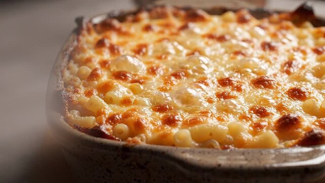 A close-up of a bubbling hot macaroni and cheese casserole with golden brown melted crust in a dark bowl.