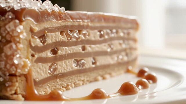 Layered caramel dessert with sugar crystals on white plate, close-up view of texture and details