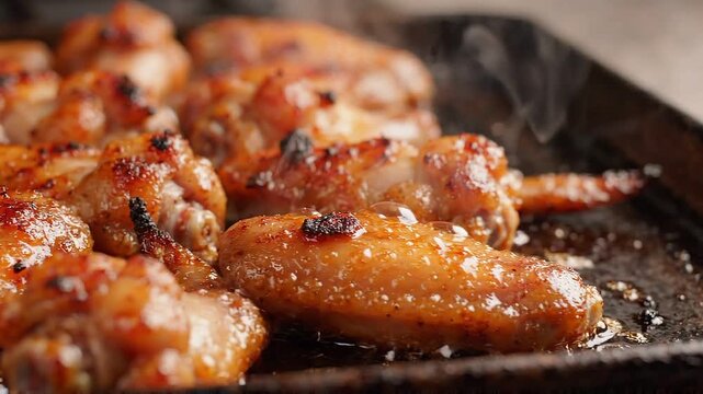 Freshly baked delicious chicken wings are sizzling on a black metal tray in a professional kitchen area.