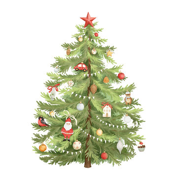 Watercolor Christmas tree with red star and cute Christmas toys, isolated handmade illustration of holiday symbols for invitation or greeting card, print, poster, home design, colorful design element.