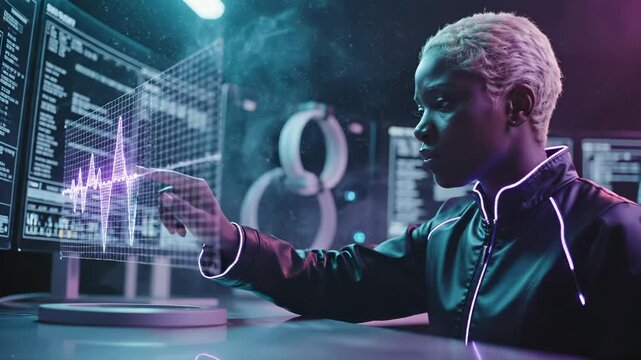 Woman analyzes big data on futuristic holographic interface. Woman touches virtual data screen. Holographic interface glows for scientist. Futuristic woman controls digital data chart. Tech hologram