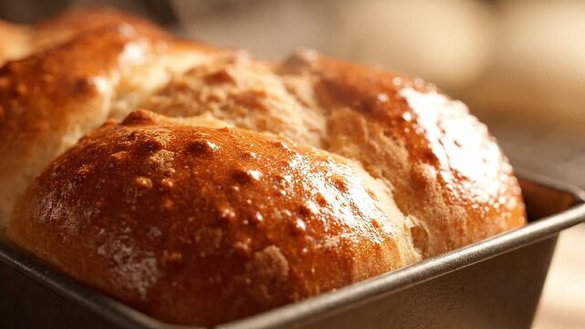 Freshly baked loaf of bread in a metal baking pan resting on a wooden surface in a warm kitchen setting.