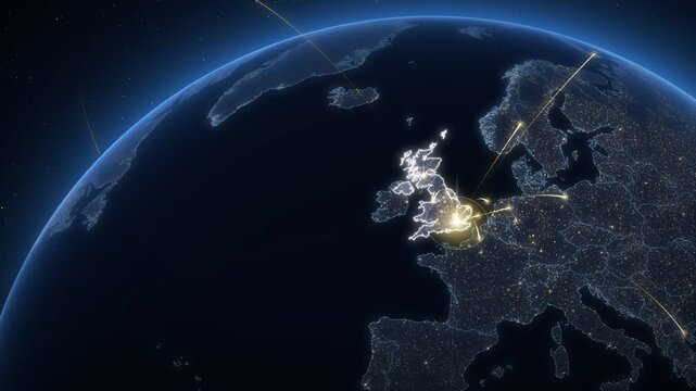 United Kingdom global network map animation with golden connection lines on night Earth