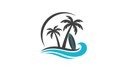 Fototapeta premium Minimalist palm tree surfing vector logo design featuring blue ocean waves and sleek black silhouettes