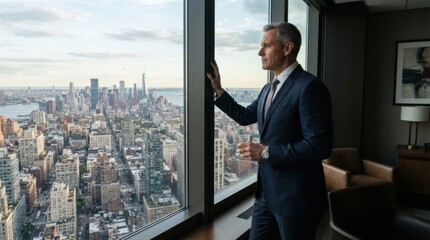 Fototapeta na wymiar Businessman looking out office window at city skyline