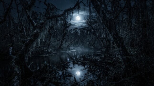 Full moon shining over dark mysterious swamp at night