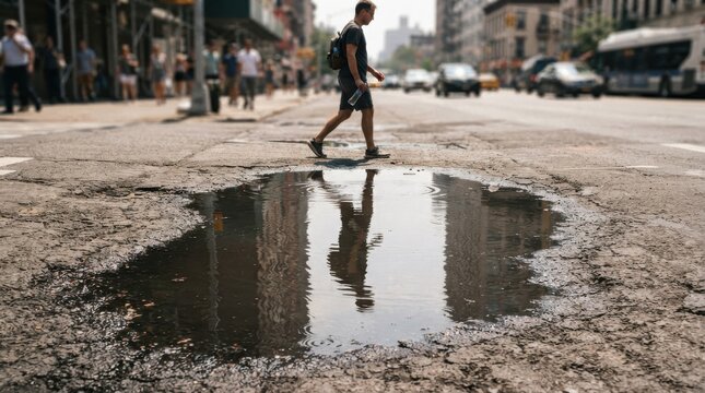 Man walking on city street with puddle reflection