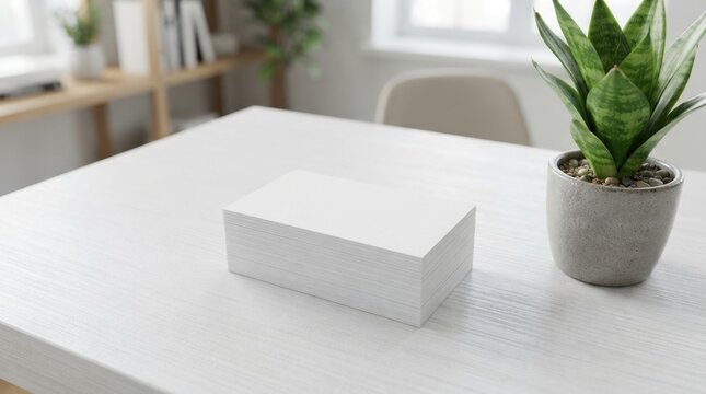 Stack of blank white business cards on wooden desk in office