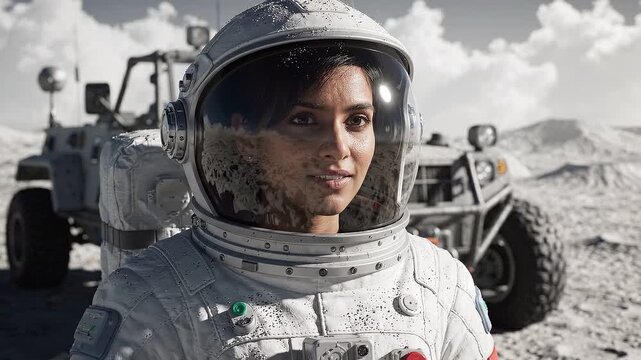 Female astronaut waves hand while standing on lunar surface with rover in background