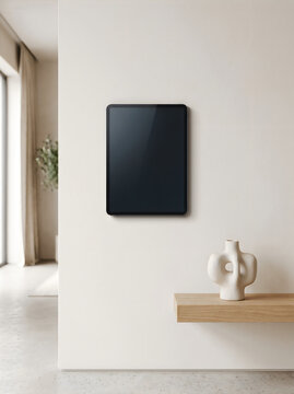 Black tablet screen mounted on a bright living room wall with a wooden shelf and decor