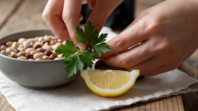 A young female person carefully arranges a healthy legume meal in a bowl with fresh parsley on a rustic wooden table surface.