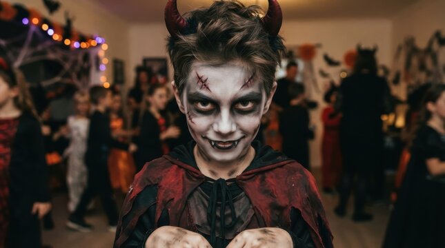 Boy in devil costume with face paint at Halloween party