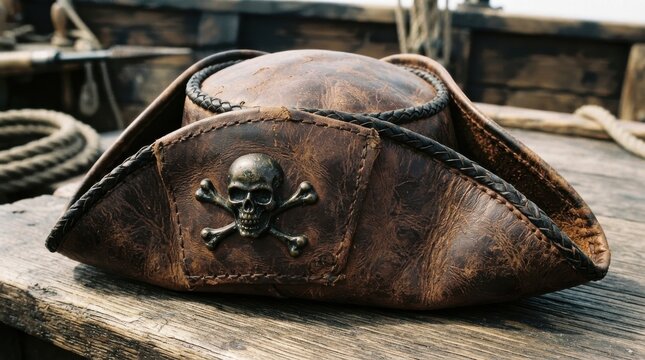 Pirate hat with skull and crossbones on wooden ship deck