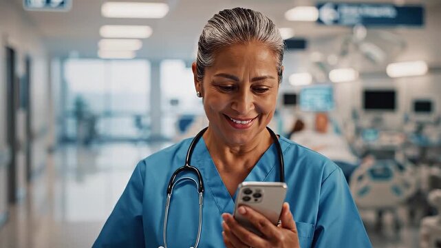 A mature Hispanic female nurse uses a mobile phone while standing in a busy hospital corridor wearing blue scrubs with a stethoscope around her neck.