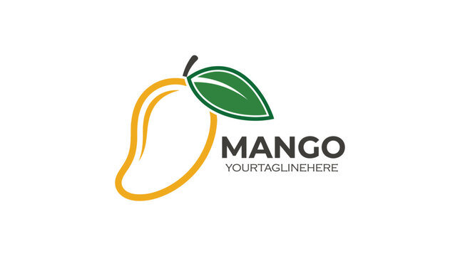 Minimalist mango fruit logo design featuring yellow outlines and green leaves for modern organic branding