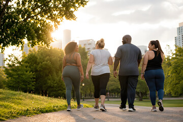 Fototapeta premium Diverse adults walking together through an urban park after a wellness event, celebrating inclusive health, community connection, natural body diversity and active everyday living. 