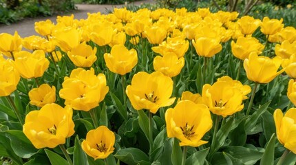 Obraz premium Vibrant field of blooming yellow tulips in spring garden