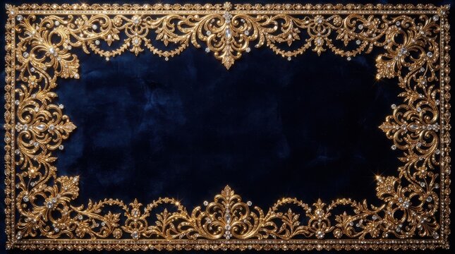 Ornate gold baroque frame with diamonds on dark blue velvet background