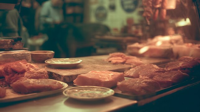 Fresh raw pork meat displayed on trays at a rustic local market stall. Culinary concept for high quality butchery and traditional artisan food advertising.
