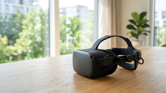 Virtual reality headset resting on a wooden table with a blurred background of greenery and modern buildings