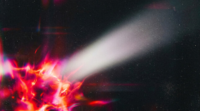 Full frame abstract visual background vivid anamorphic film light leak flare effect intense glowing red pink cosmic neon fire flash smooth wide soft white gradient beam cutting diagonally dark