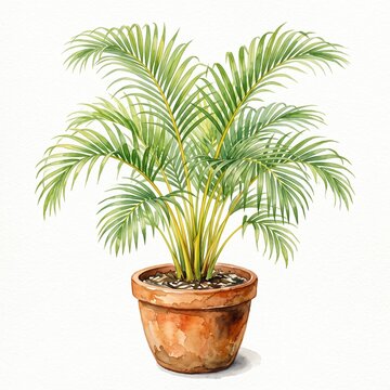 Colorwater painting of palem kuning or dypsis lutescens plant on pot, isolated white background