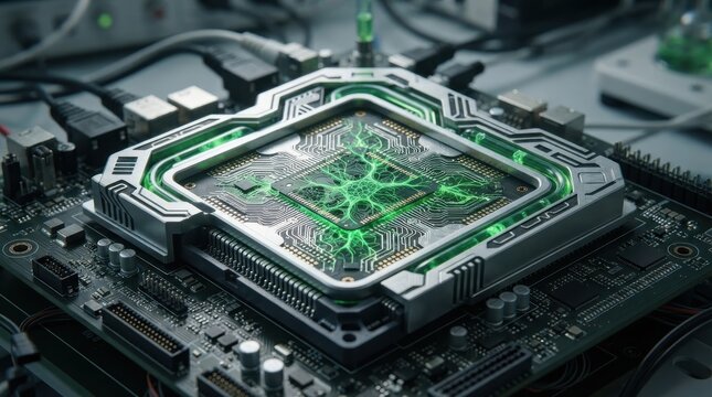 Advanced microchip processor on motherboard with glowing green neural network