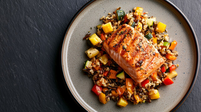 Overhead View of Grilled Salmon Fillet with Wild Rice and Diced Vegetables.