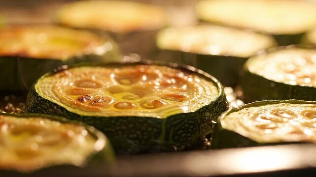Sliced zucchini cooking on baking tray, showing golden brown edges and bubbling oil in oven