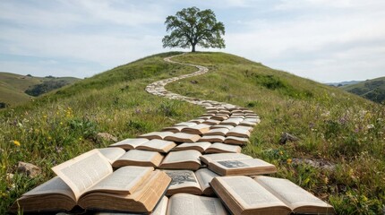 Obraz premium Path made of open books leading up a grassy hill to a tree