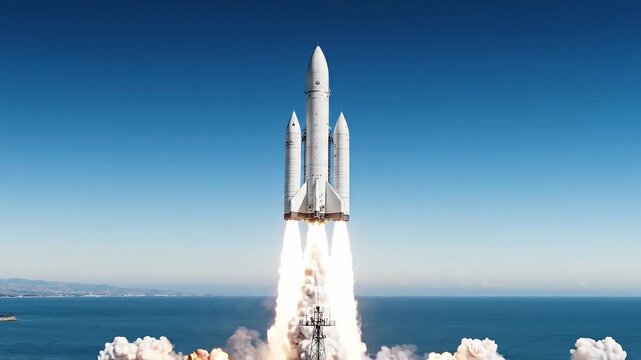 Rocket launch sequence with powerful flames and smoke against clear blue sky over ocean