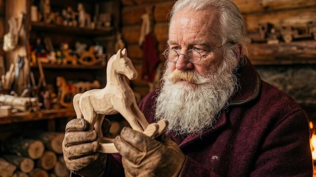  santa claus with white beard wearing burgundy coat holding carved wooden toy horse inside rustic log cabin workshop illuminated by warm cozy fireplace glowing light in Christmas
