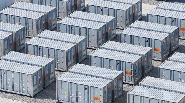 Aerial view of battery energy storage system facility for renewable power plant. Industrial lithium batteries used for clean electricity grid management.
