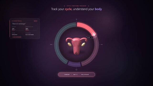 Menstrual cycle tracker interface with rotating phase wheel and ovulation health data