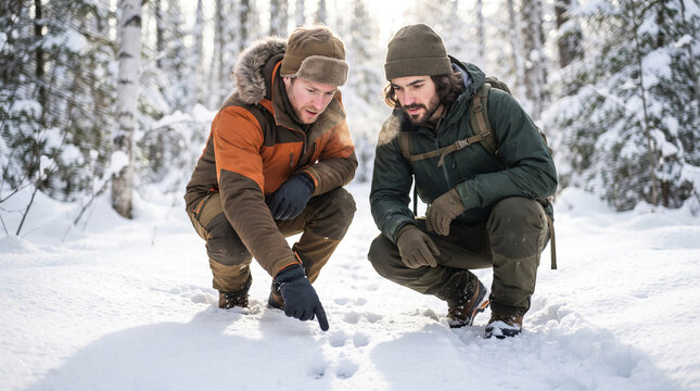 Two men hunters examining animal tracks in snow in winter forest. Friends tracking footprints during hunting season in snowy woodland. Outdoor adventure and wilderness survival concept