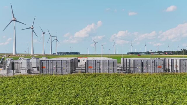 Aerial view of battery energy storage system facility next to wind turbines. Industrial lithium battery system for renewable power plant and grid management.