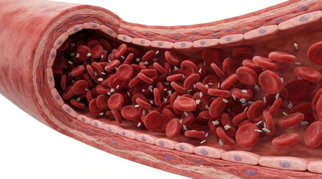 Blood vessel cross section with red blood cells and platelets