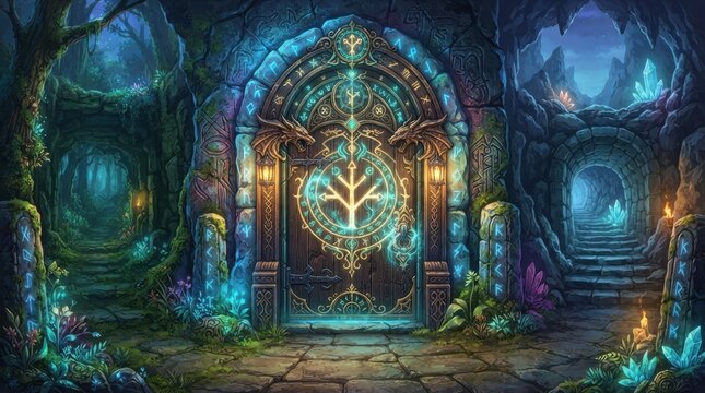 Magical rune portal door in a fantasy forest and cavern